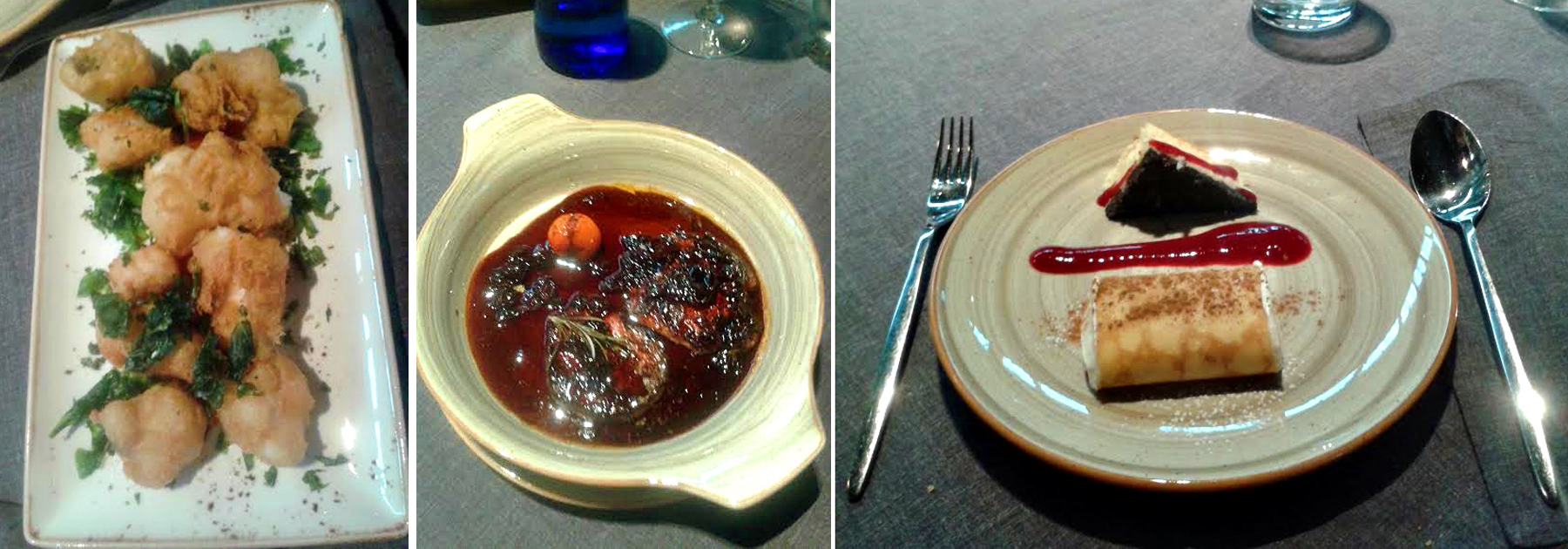 Los Montes de Galicia 3 Merluza en tempura, foie al Pedro Ximenez, fillioa de crema y quesada de Los Montes de Galicia.