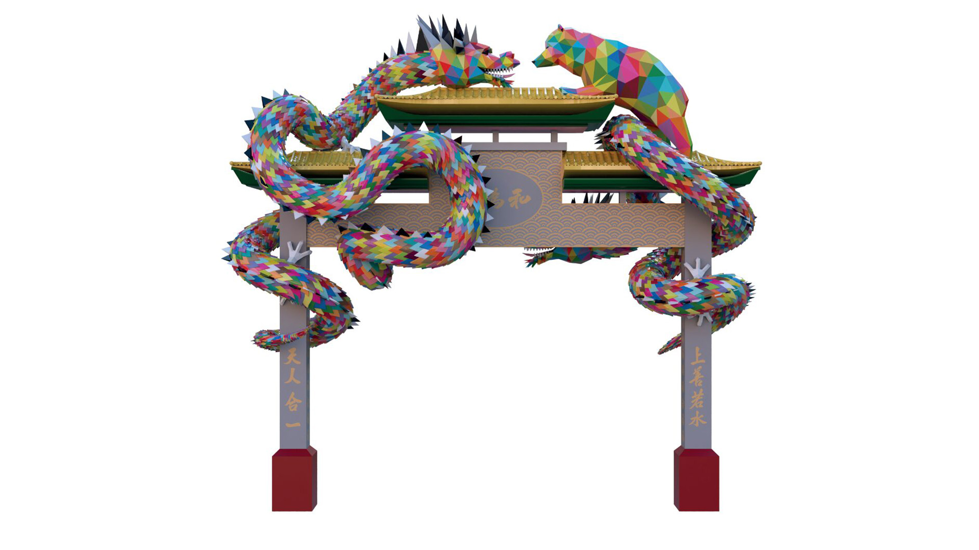Un oso y dos dragones en un paifang: así es la escultura de Okuda San Miguel para el nuevo arco chino de Usera 2 Arco Okuda Usera trasera blanco peq